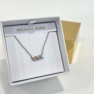 Michael Kors Silver Tone MK logo Heart Charm Pendant Necklace